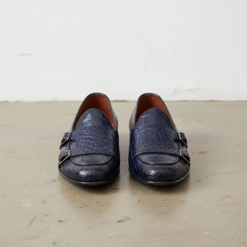 Handmade Mens Blue Crocodile Monk Shoes, Men Blue Loafer Shoes